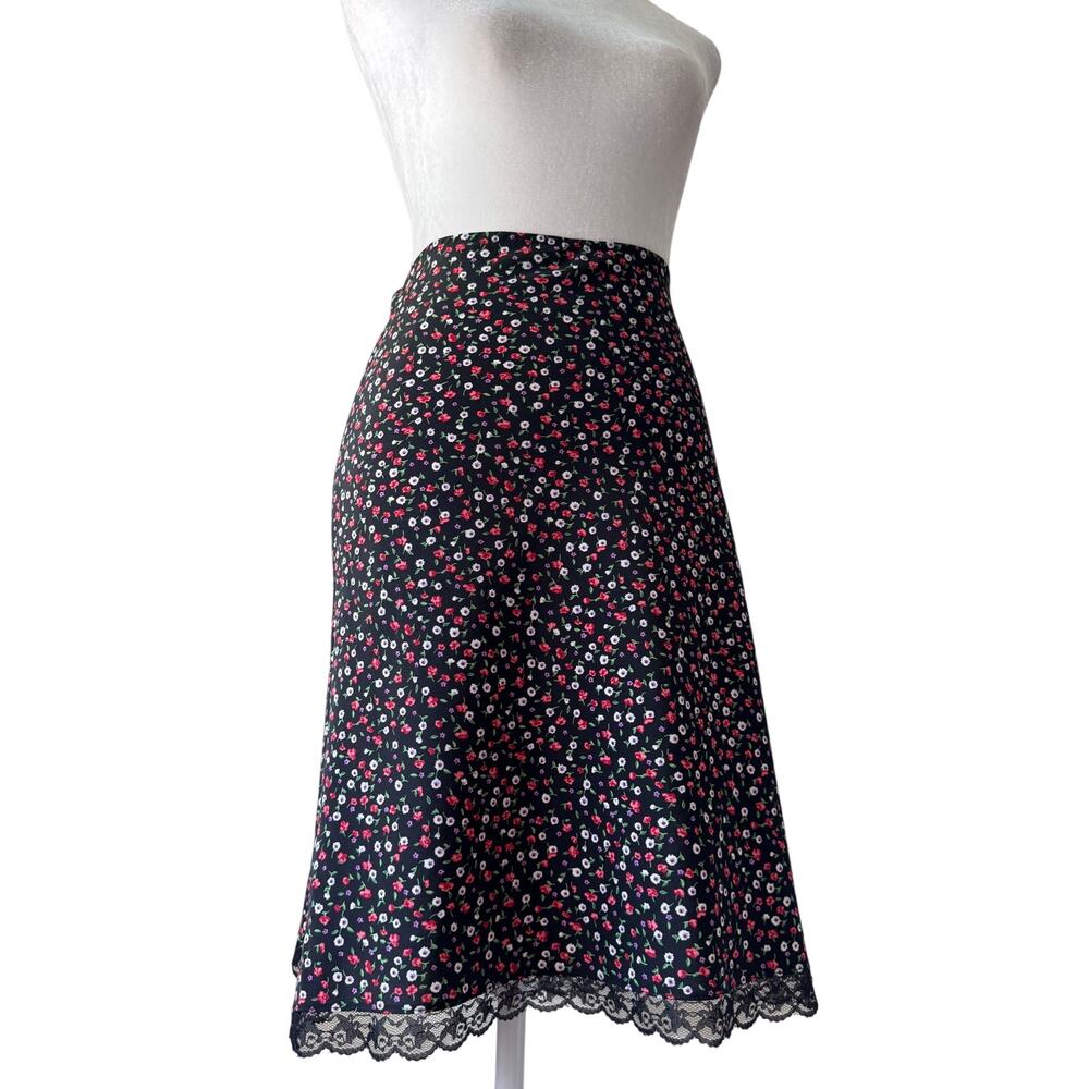 Vintage Y2K Sense Black Floral Print Lace Hem Knee Length Skirt